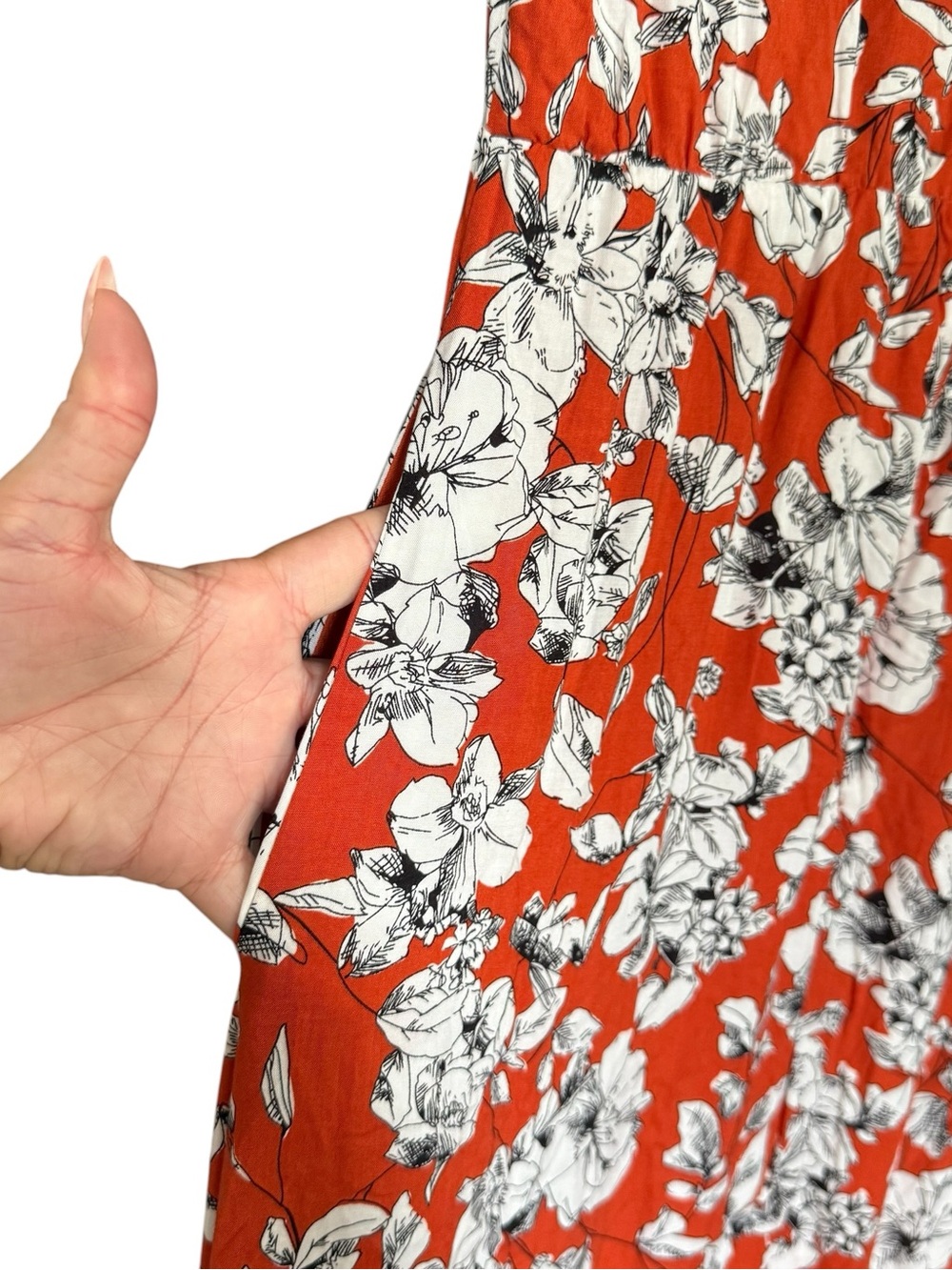 Roolee Burnt Orange w/ Black & White Floral Wrap-Style Ruffle Accent Maxi Dress - Picture 12 of 14